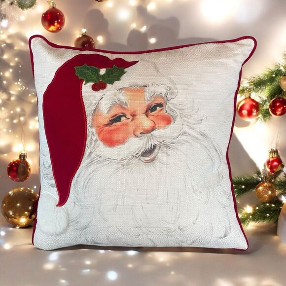 Santa Claus Feather Decorative Throw Pillow 20"x20" Red Velvet Embroidered Holly - Picture 1 of 11